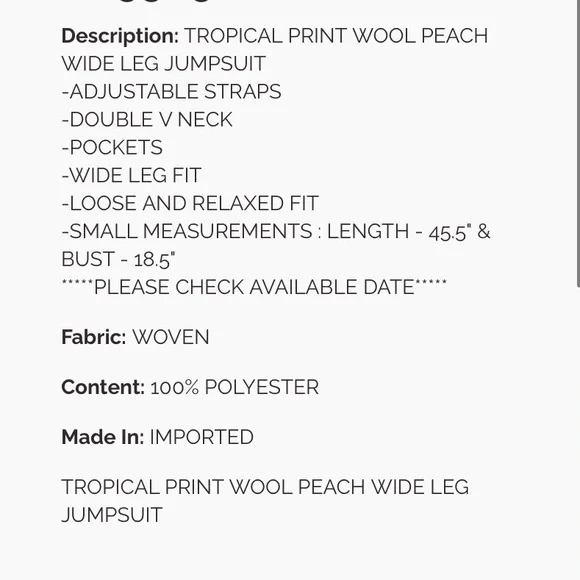 263 🇺🇸 1 left EASEL TROPICAL PRINT WOOL PEACH WIDE LEG JUMPSUIT - Picture 4 of 4